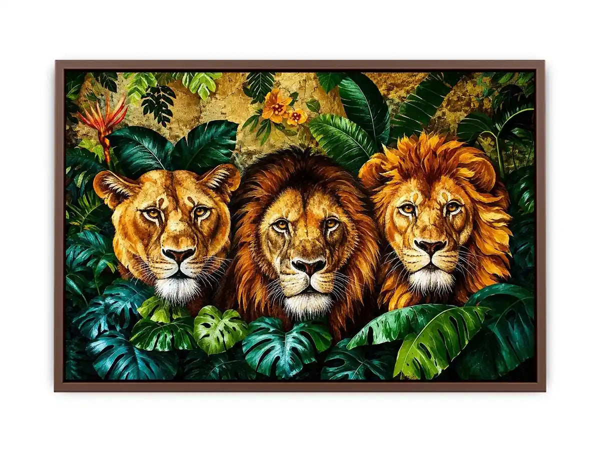Luxury lion trio jungle wall art with three majestic lions surrounded by tropical leaves, bold wildlife canvas for modern living room decor