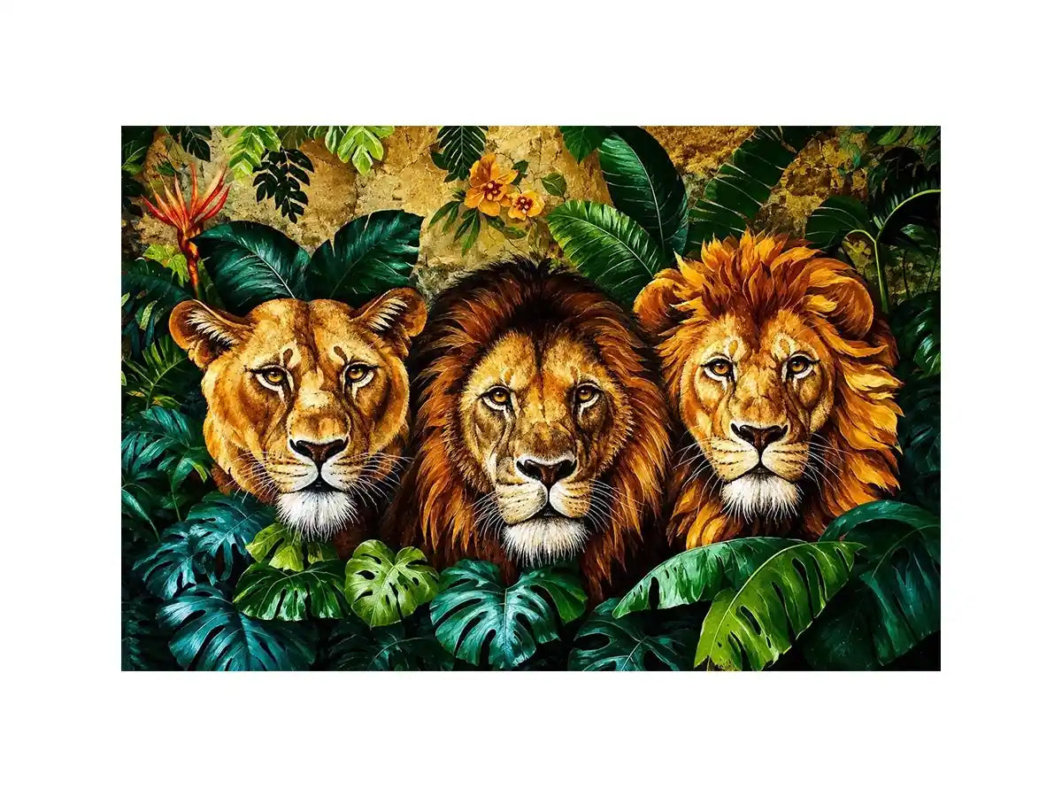 Luxury lion trio jungle wall art with three majestic lions surrounded by tropical leaves, bold wildlife canvas for modern living room decor