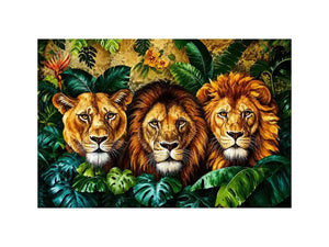 Luxury lion trio jungle wall art with three majestic lions surrounded by tropical leaves, bold wildlife canvas for modern living room decor
