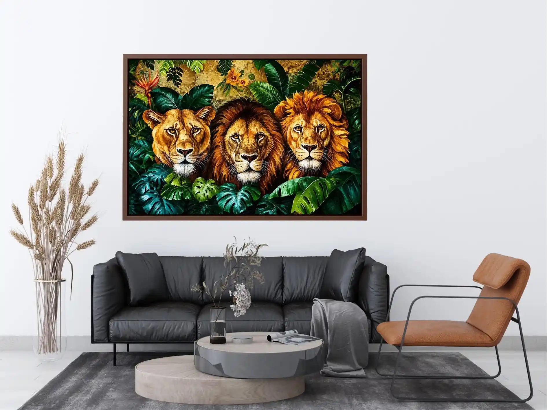Luxury lion trio jungle wall art with three majestic lions surrounded by tropical leaves, bold wildlife canvas for modern living room decor
