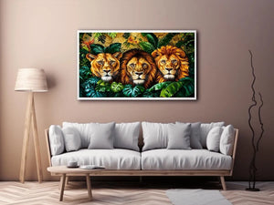 Luxury lion trio jungle wall art with three majestic lions surrounded by tropical leaves, bold wildlife canvas for modern living room decor