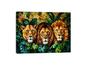 Luxury lion trio jungle wall art with three majestic lions surrounded by tropical leaves, bold wildlife canvas for modern living room decor