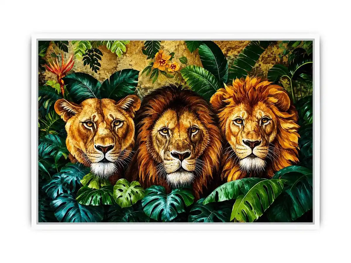Luxury lion trio jungle wall art with three majestic lions surrounded by tropical leaves, bold wildlife canvas for modern living room decor