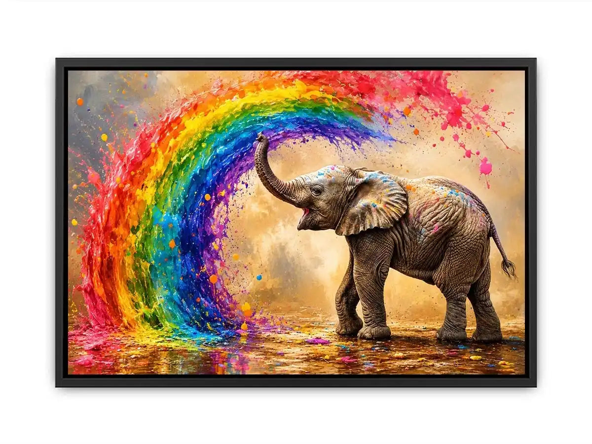 Colorful elephant rainbow wall art with vibrant paint splash, modern abstract wildlife canvas for living room and kids room decor