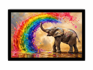 Colorful elephant rainbow wall art with vibrant paint splash, modern abstract wildlife canvas for living room and kids room decor
