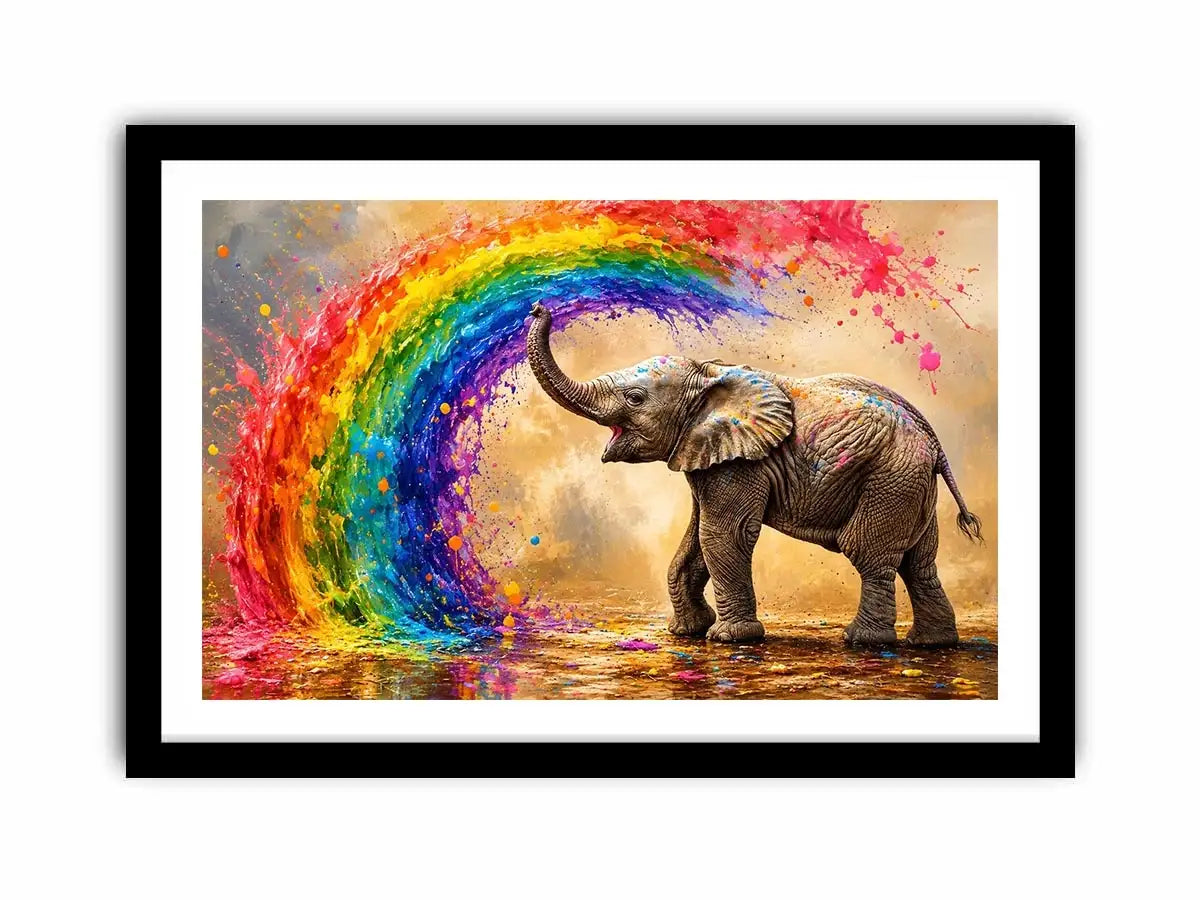 Colorful elephant rainbow wall art with vibrant paint splash, modern abstract wildlife canvas for living room and kids room decor
