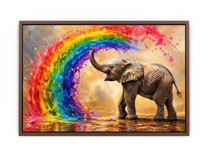Colorful elephant rainbow wall art with vibrant paint splash, modern abstract wildlife canvas for living room and kids room decor
