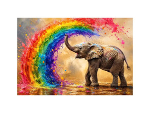 Colorful elephant rainbow wall art with vibrant paint splash, modern abstract wildlife canvas for living room and kids room decor