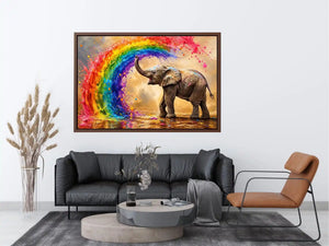 Colorful elephant rainbow wall art with vibrant paint splash, modern abstract wildlife canvas for living room and kids room decor