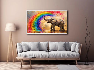 Colorful elephant rainbow wall art with vibrant paint splash, modern abstract wildlife canvas for living room and kids room decor