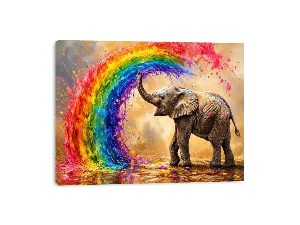Colorful elephant rainbow wall art with vibrant paint splash, modern abstract wildlife canvas for living room and kids room decor
