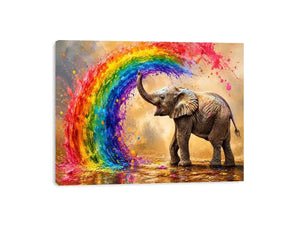 Colorful elephant rainbow wall art with vibrant paint splash, modern abstract wildlife canvas for living room and kids room decor