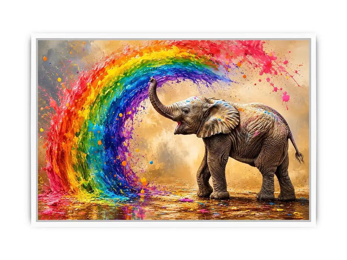 Colorful elephant rainbow wall art with vibrant paint splash, modern abstract wildlife canvas for living room and kids room decor