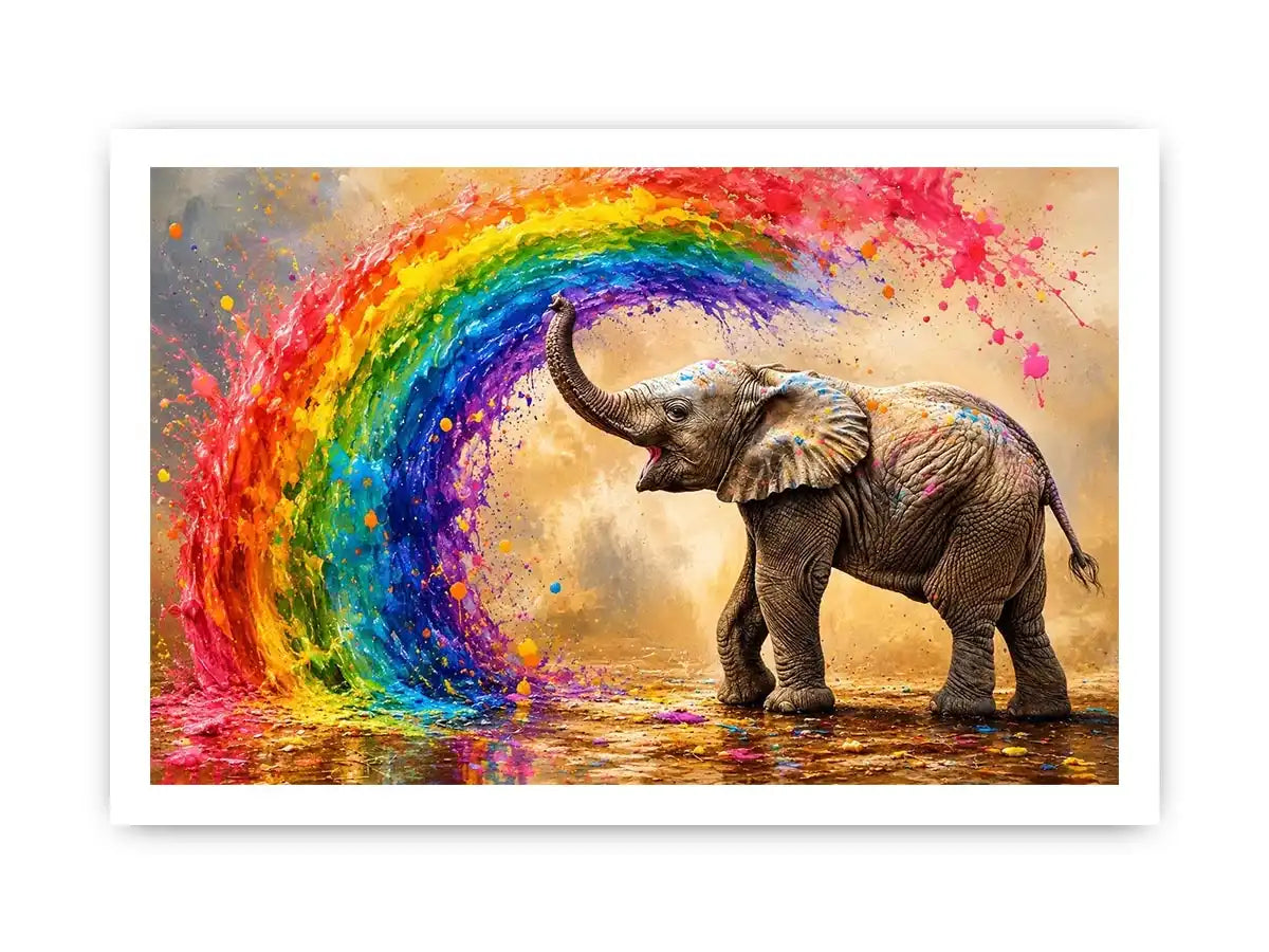 Colorful elephant rainbow wall art with vibrant paint splash, modern abstract wildlife canvas for living room and kids room decor