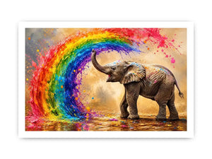 Colorful elephant rainbow wall art with vibrant paint splash, modern abstract wildlife canvas for living room and kids room decor