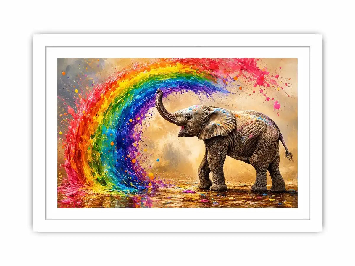 Colorful elephant rainbow wall art with vibrant paint splash, modern abstract wildlife canvas for living room and kids room decor