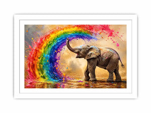 Colorful elephant rainbow wall art with vibrant paint splash, modern abstract wildlife canvas for living room and kids room decor