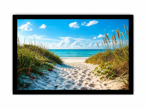 Coastal beach path wall art with sandy dunes leading to blue ocean under clear sky, serene seaside canvas for living room and beach house decor