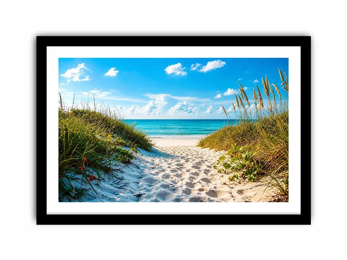 Coastal beach path wall art with sandy dunes leading to blue ocean under clear sky, serene seaside canvas for living room and beach house decor