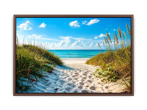 Coastal beach path wall art with sandy dunes leading to blue ocean under clear sky, serene seaside canvas for living room and beach house decor