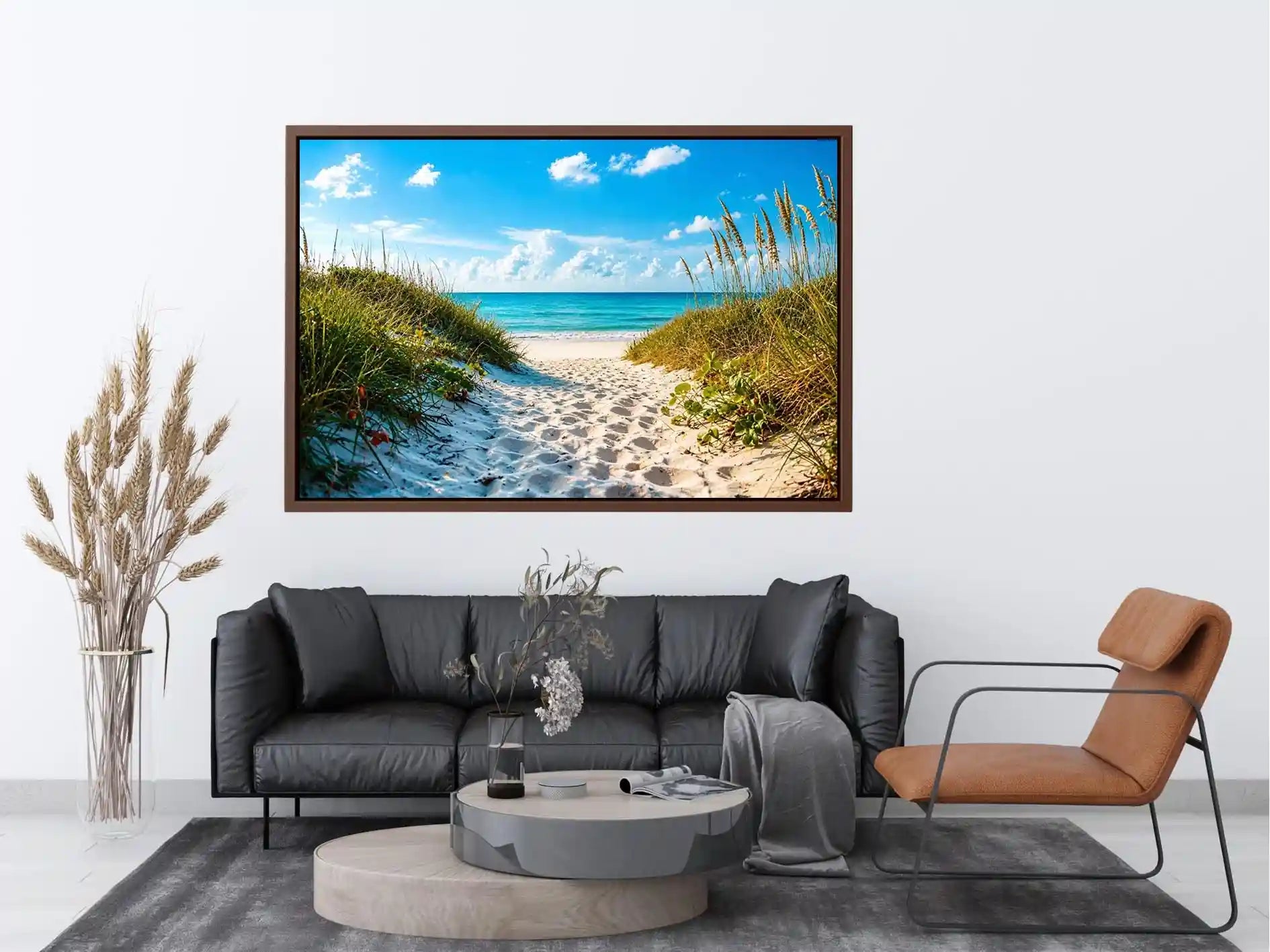 Coastal beach path wall art with sandy dunes leading to blue ocean under clear sky, serene seaside canvas for living room and beach house decor