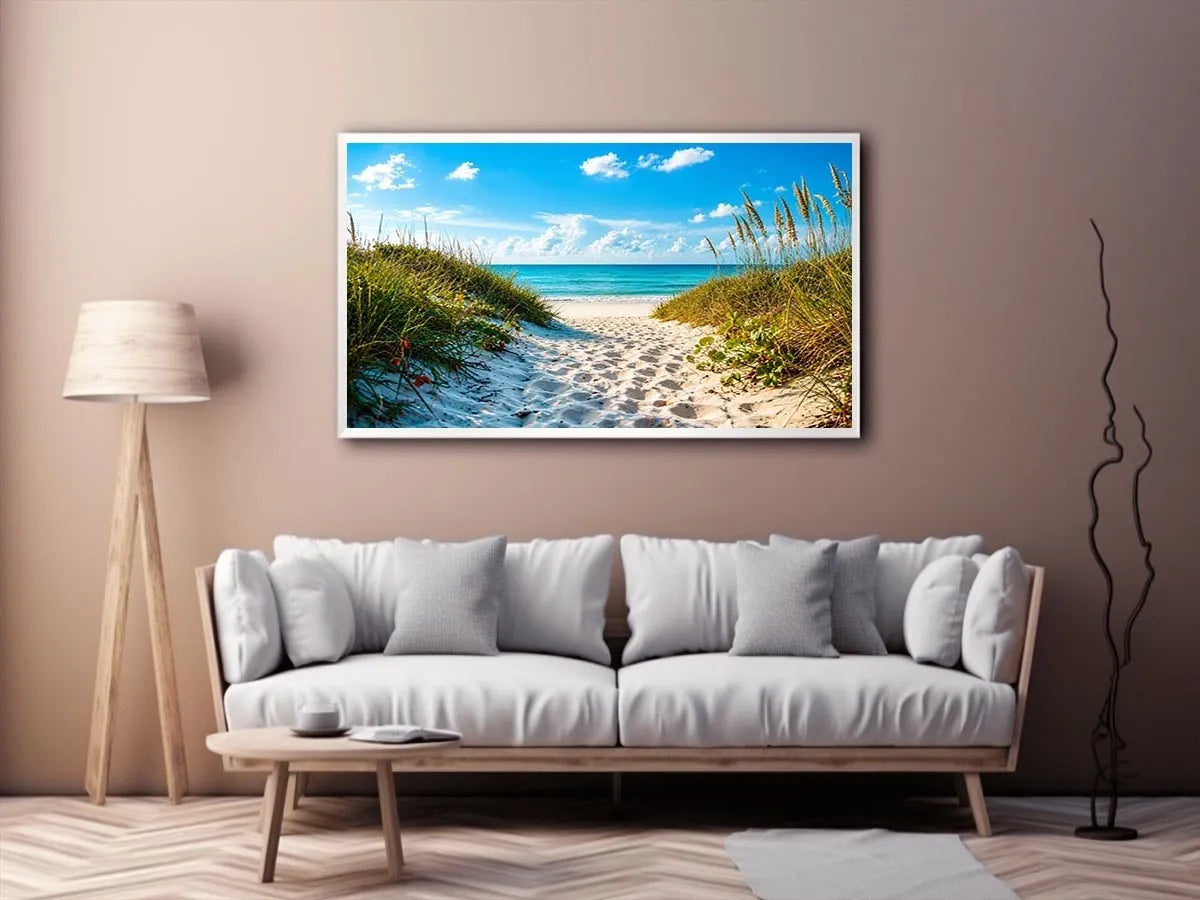 Coastal beach path wall art with sandy dunes leading to blue ocean under clear sky, serene seaside canvas for living room and beach house decor