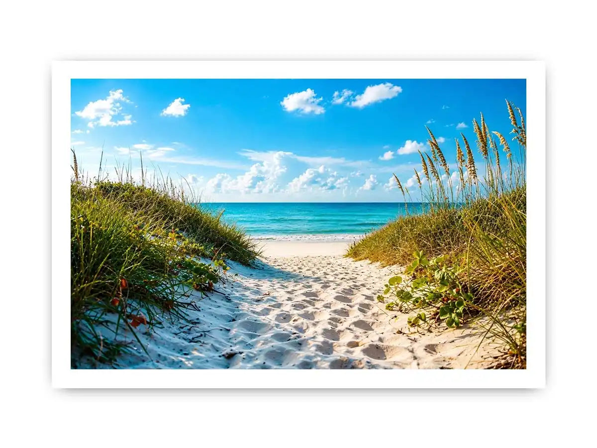 Coastal beach path wall art with sandy dunes leading to blue ocean under clear sky, serene seaside canvas for living room and beach house decor