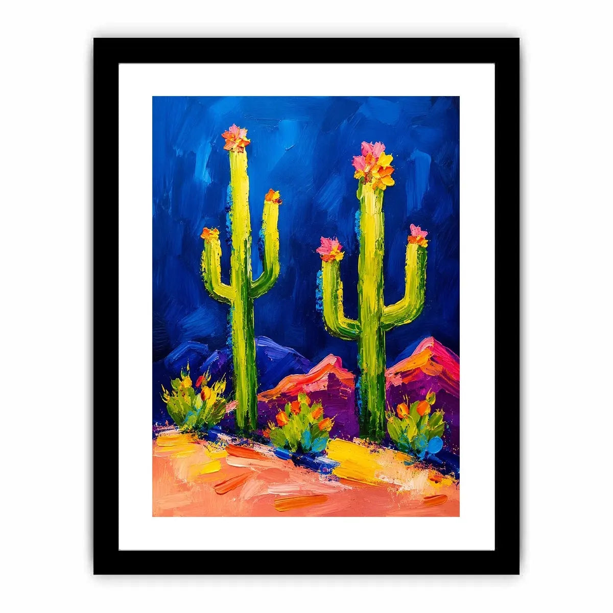 Colorful abstract cactus wall art with bold paint strokes and vibrant desert scene, modern botanical canvas for living room and office decor