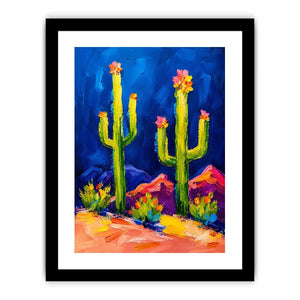 Colorful abstract cactus wall art with bold paint strokes and vibrant desert scene, modern botanical canvas for living room and office decor