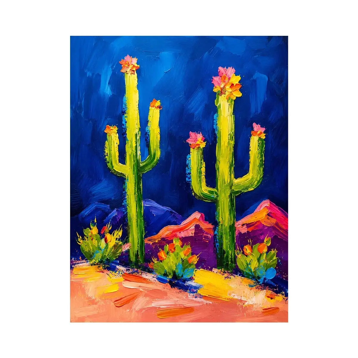 Colorful abstract cactus wall art with bold paint strokes and vibrant desert scene, modern botanical canvas for living room and office decor