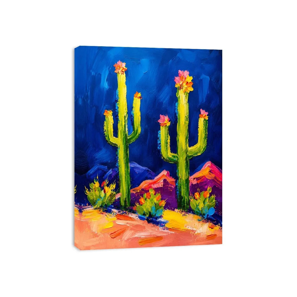 Colorful abstract cactus wall art with bold paint strokes and vibrant desert scene, modern botanical canvas for living room and office decor