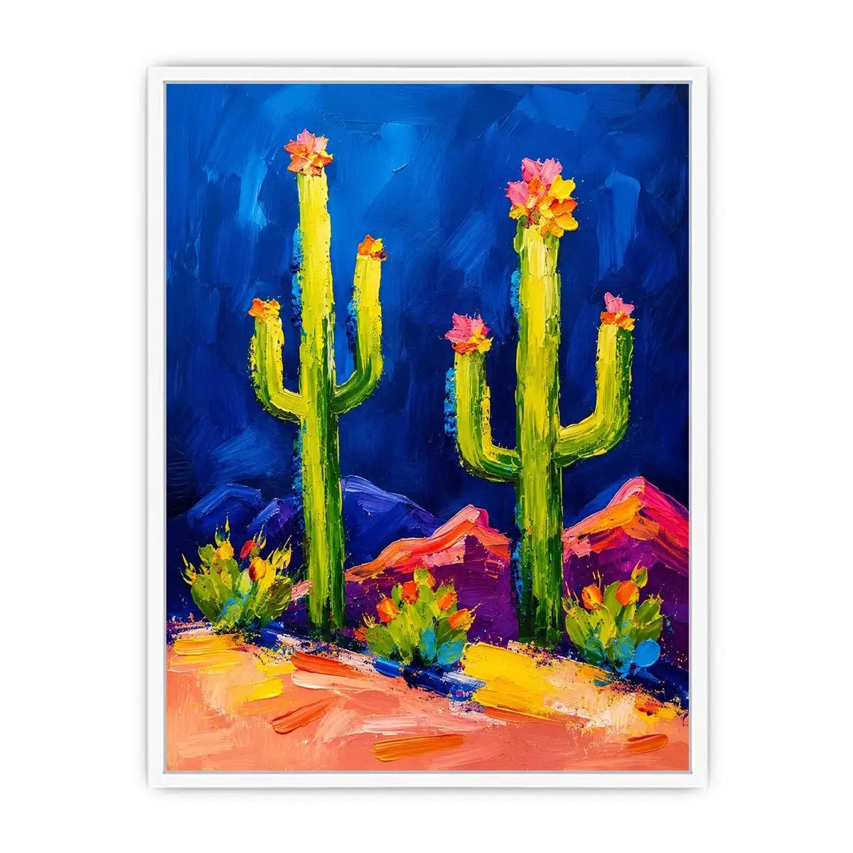 Colorful abstract cactus wall art with bold paint strokes and vibrant desert scene, modern botanical canvas for living room and office decor