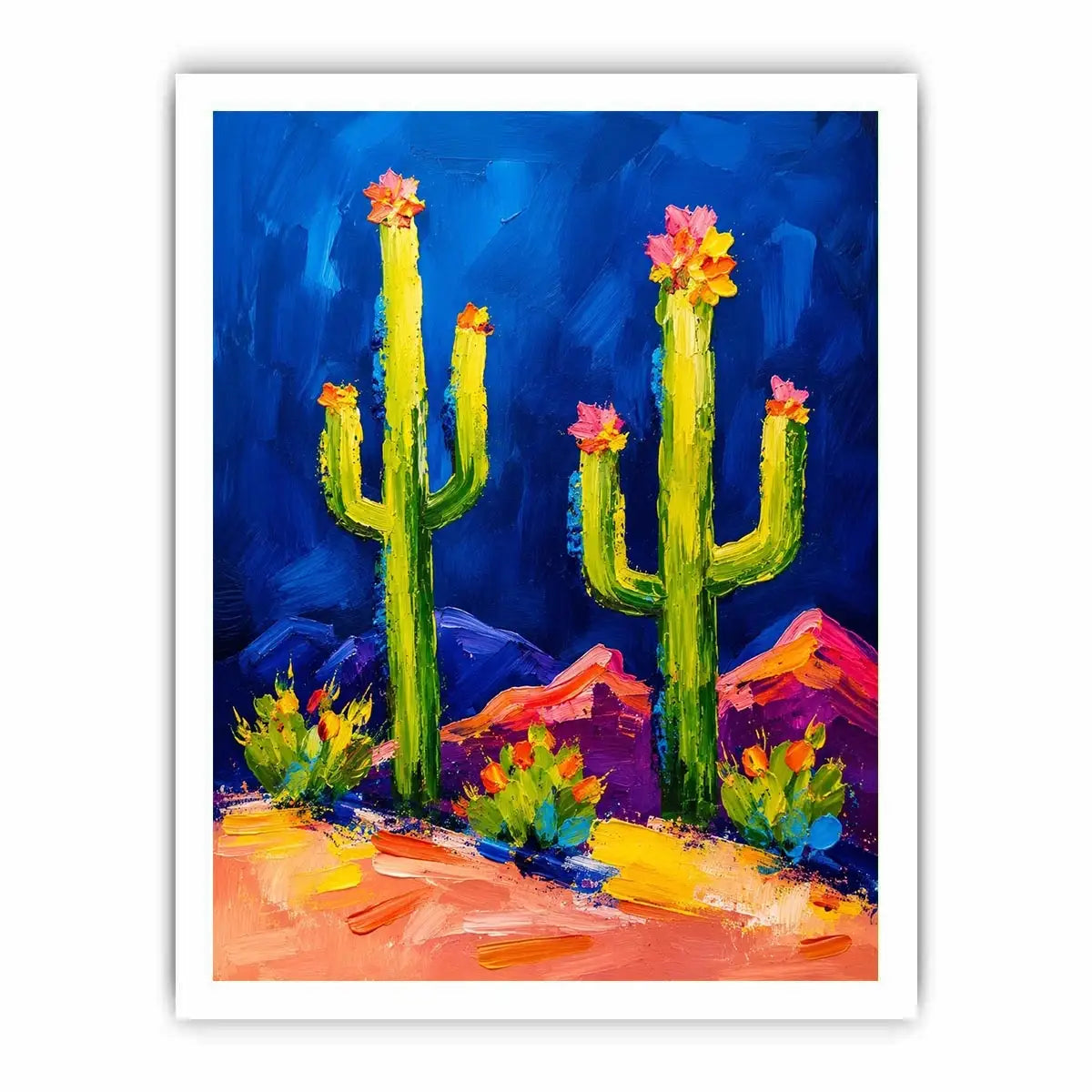Colorful abstract cactus wall art with bold paint strokes and vibrant desert scene, modern botanical canvas for living room and office decor