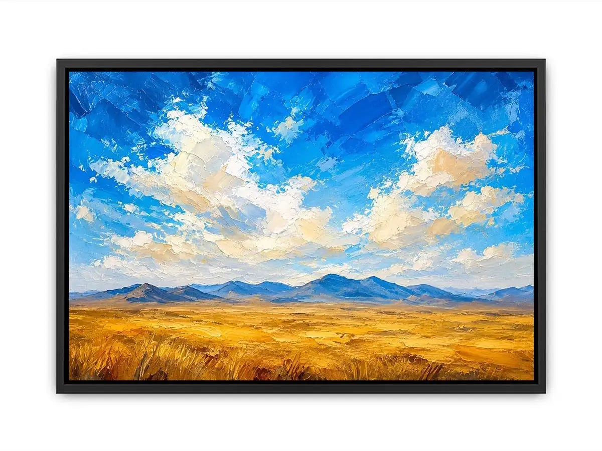 Abstract desert landscape wall art with golden fields and blue sky, modern calming canvas for living room and bedroom decor