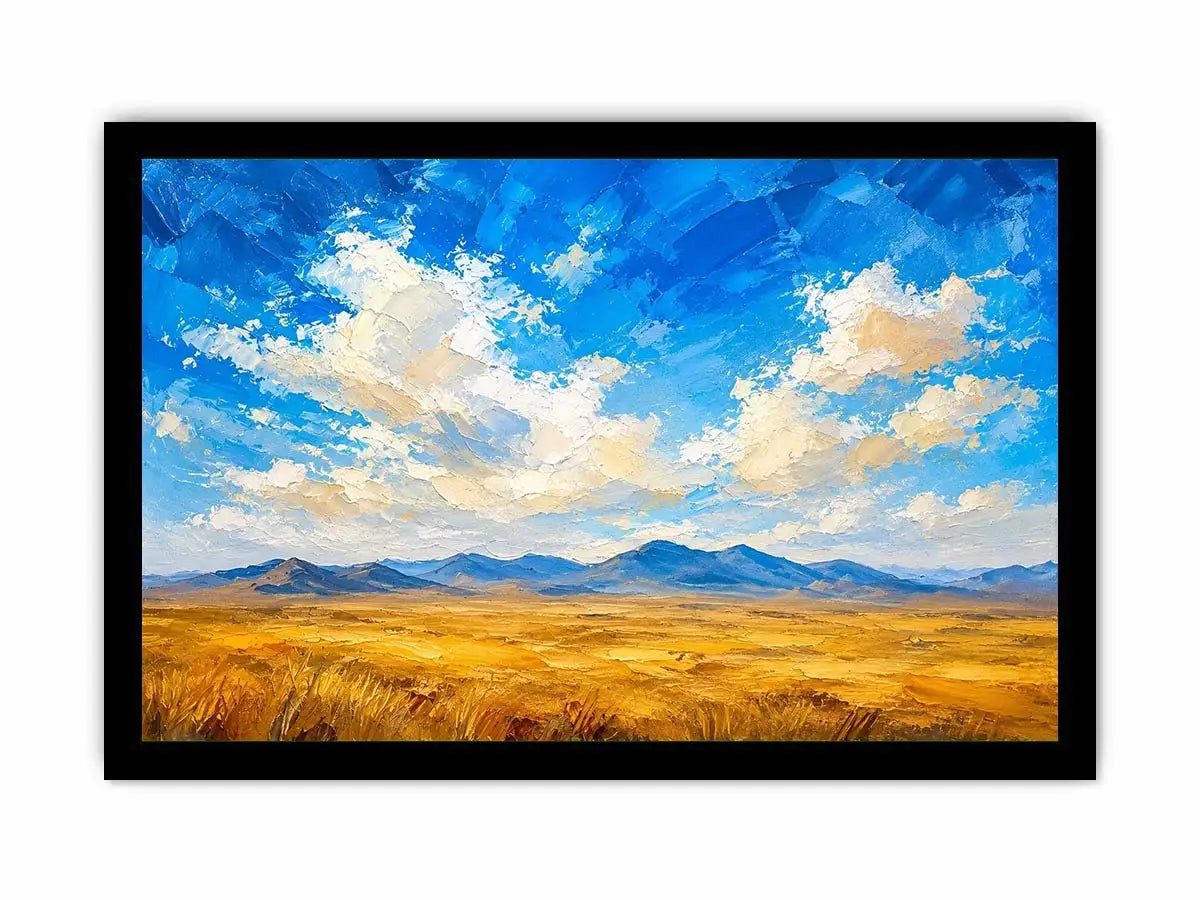 Abstract desert landscape wall art with golden fields and blue sky, modern calming canvas for living room and bedroom decor