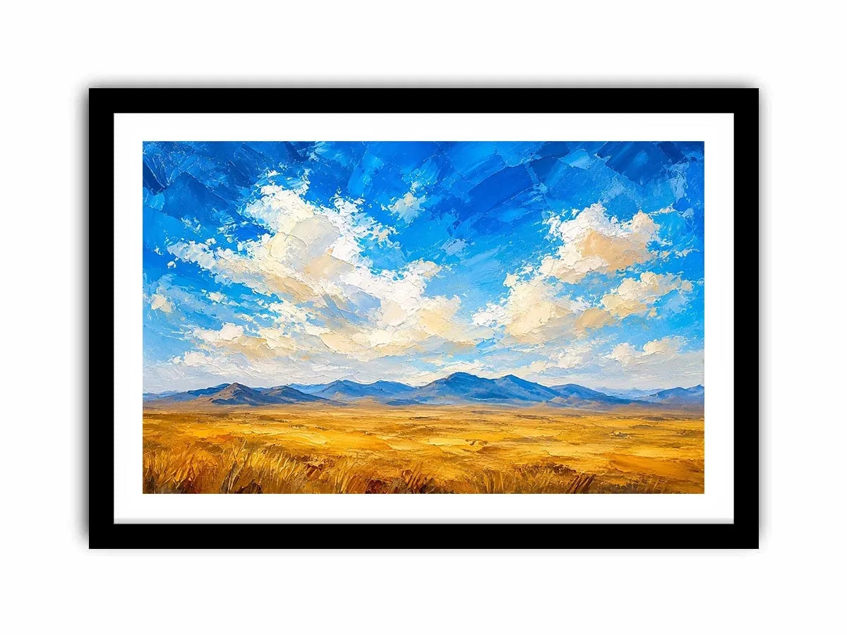 Abstract desert landscape wall art with golden fields and blue sky, modern calming canvas for living room and bedroom decor