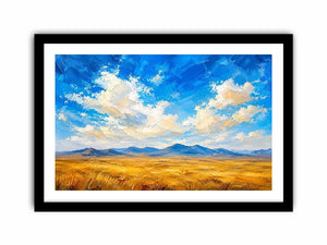 Abstract desert landscape wall art with golden fields and blue sky, modern calming canvas for living room and bedroom decor