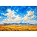 Abstract desert landscape wall art with golden fields and blue sky, modern calming canvas for living room and bedroom decor