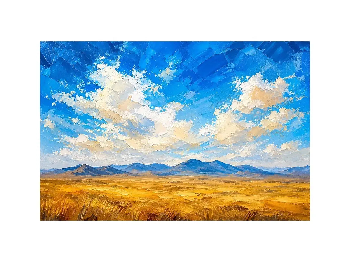 Abstract desert landscape wall art with golden fields and blue sky, modern calming canvas for living room and bedroom decor
