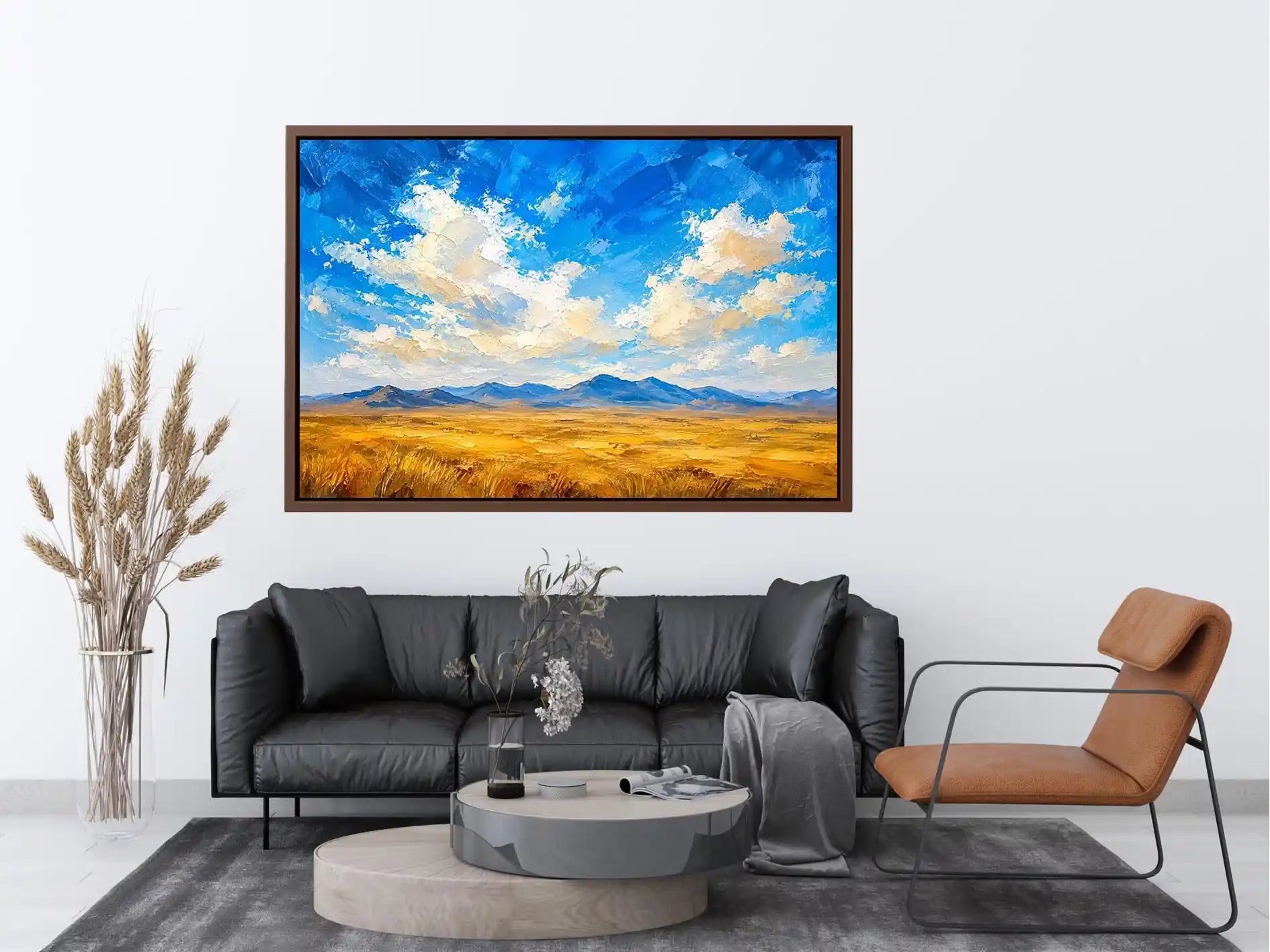 Abstract desert landscape wall art with golden fields and blue sky, modern calming canvas for living room and bedroom decor