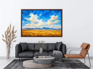 Abstract desert landscape wall art with golden fields and blue sky, modern calming canvas for living room and bedroom decor