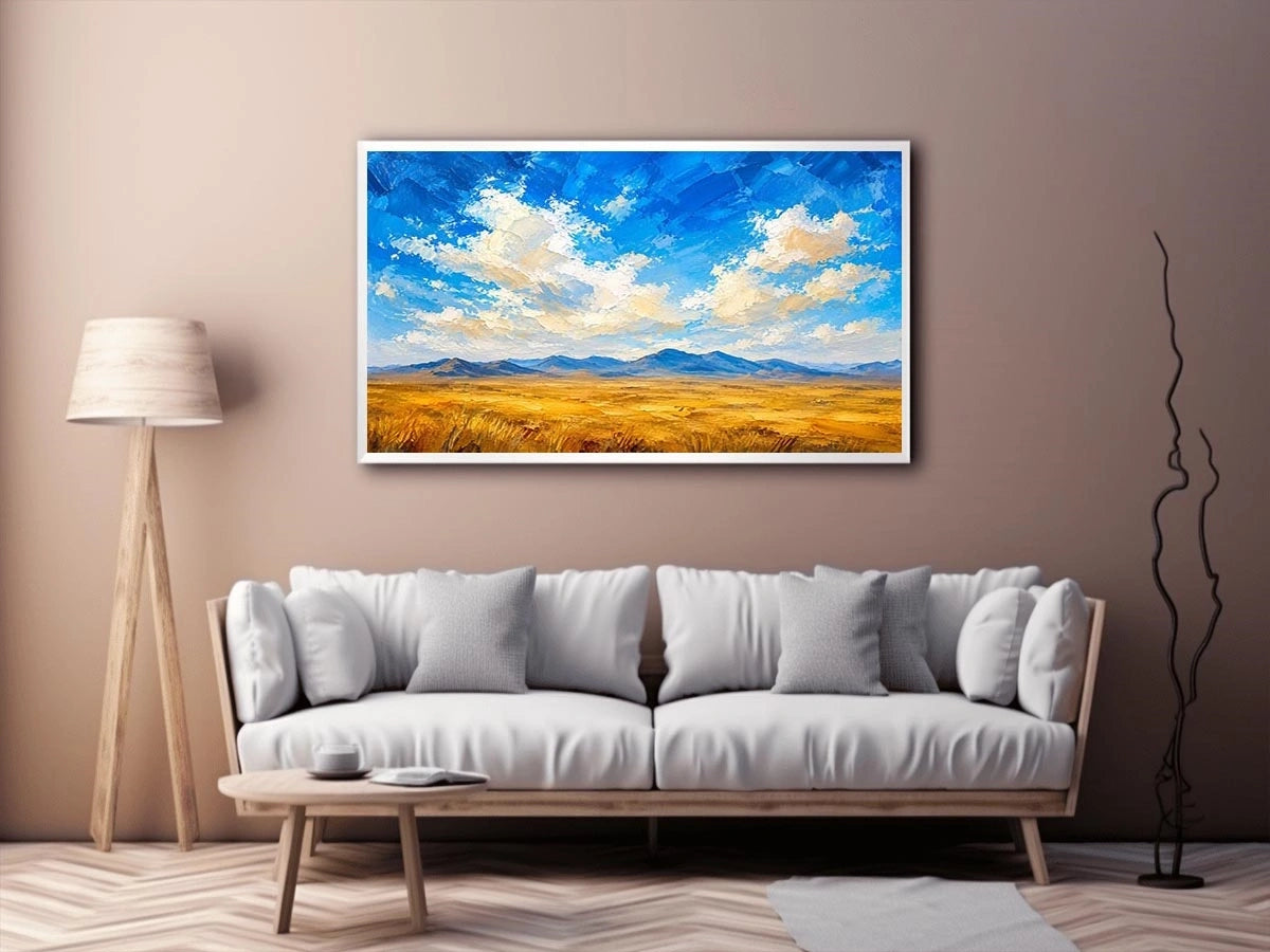 Abstract desert landscape wall art with golden fields and blue sky, modern calming canvas for living room and bedroom decor