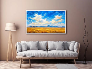 Abstract desert landscape wall art with golden fields and blue sky, modern calming canvas for living room and bedroom decor