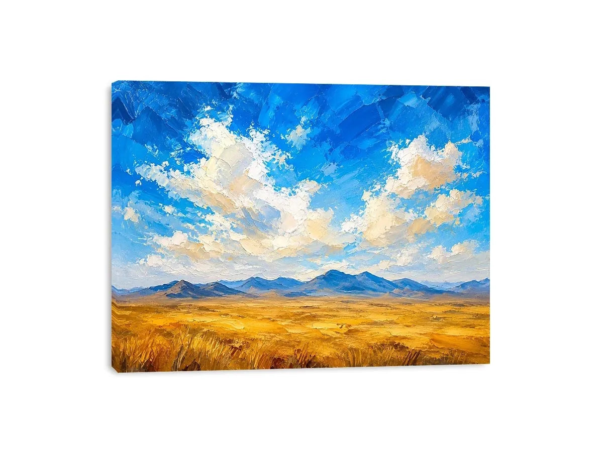 Abstract desert landscape wall art with golden fields and blue sky, modern calming canvas for living room and bedroom decor
