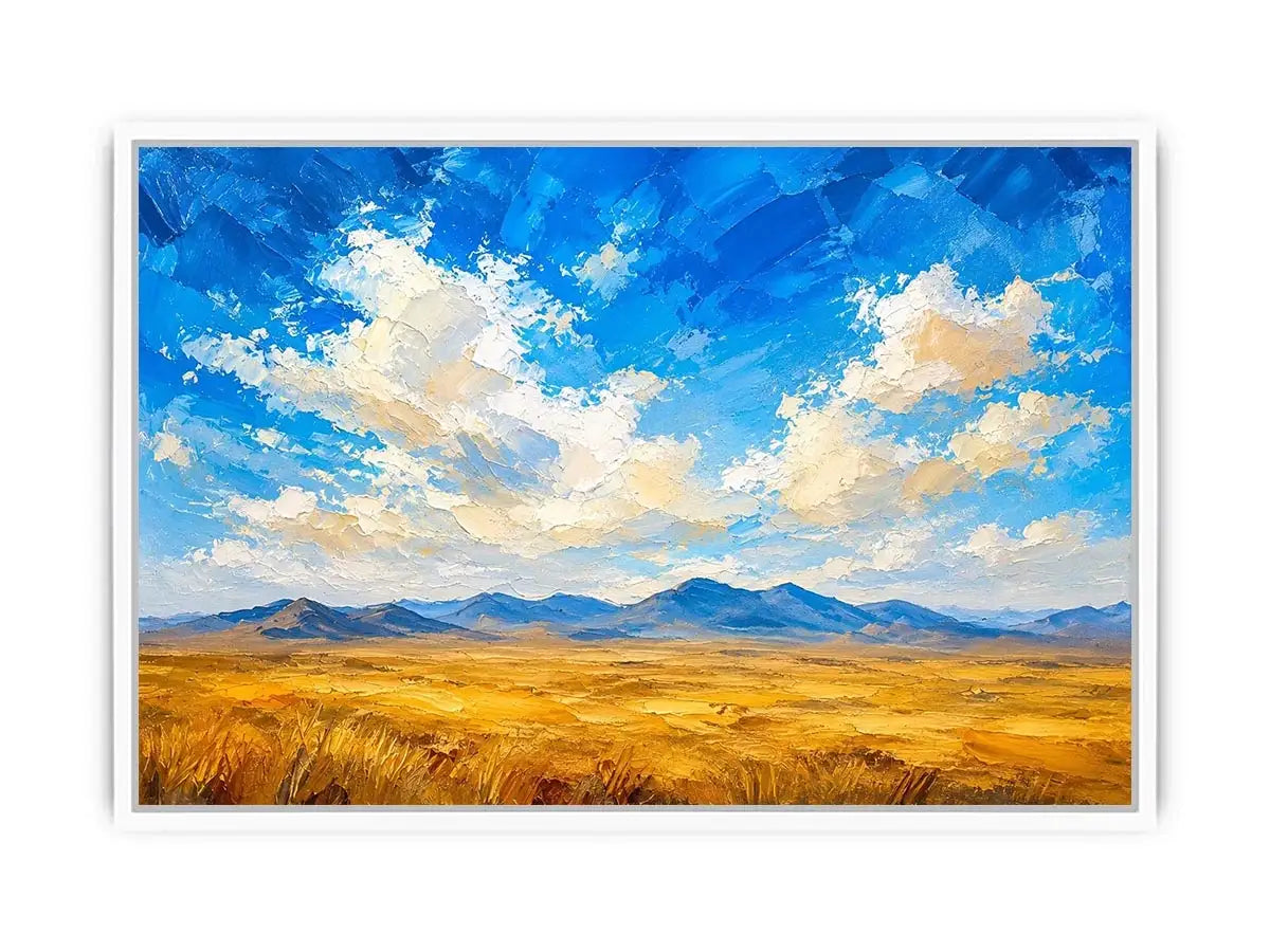 Abstract desert landscape wall art with golden fields and blue sky, modern calming canvas for living room and bedroom decor