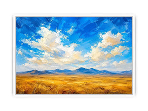 Abstract desert landscape wall art with golden fields and blue sky, modern calming canvas for living room and bedroom decor