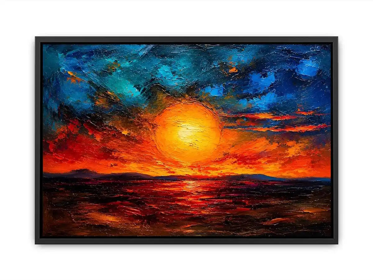 Abstract sunset landscape wall art with glowing sun and dramatic sky, textured modern canvas for living room and bedroom decor