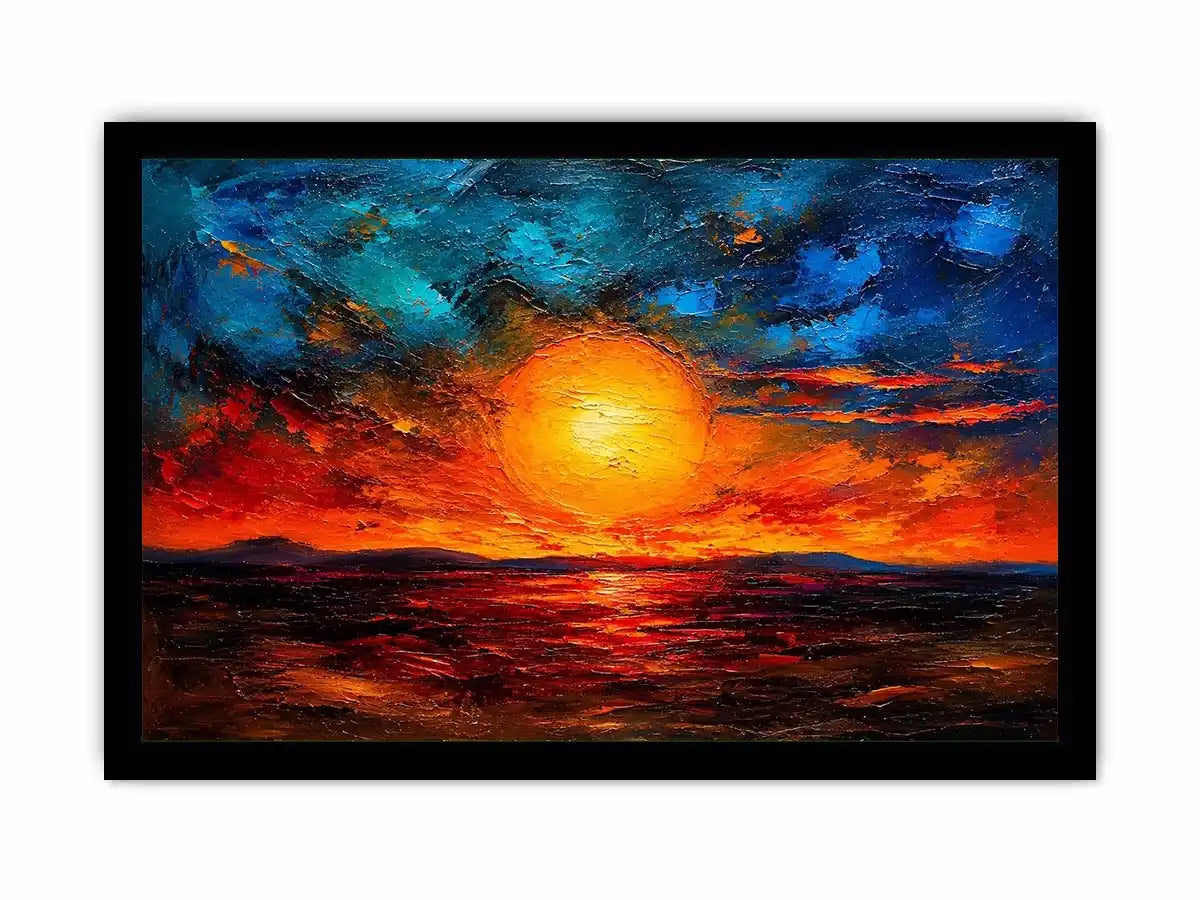 Abstract sunset landscape wall art with glowing sun and dramatic sky, textured modern canvas for living room and bedroom decor
