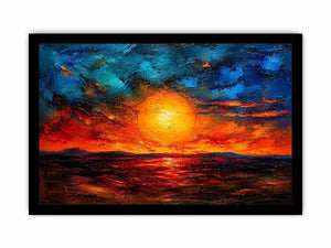 Abstract sunset landscape wall art with glowing sun and dramatic sky, textured modern canvas for living room and bedroom decor
