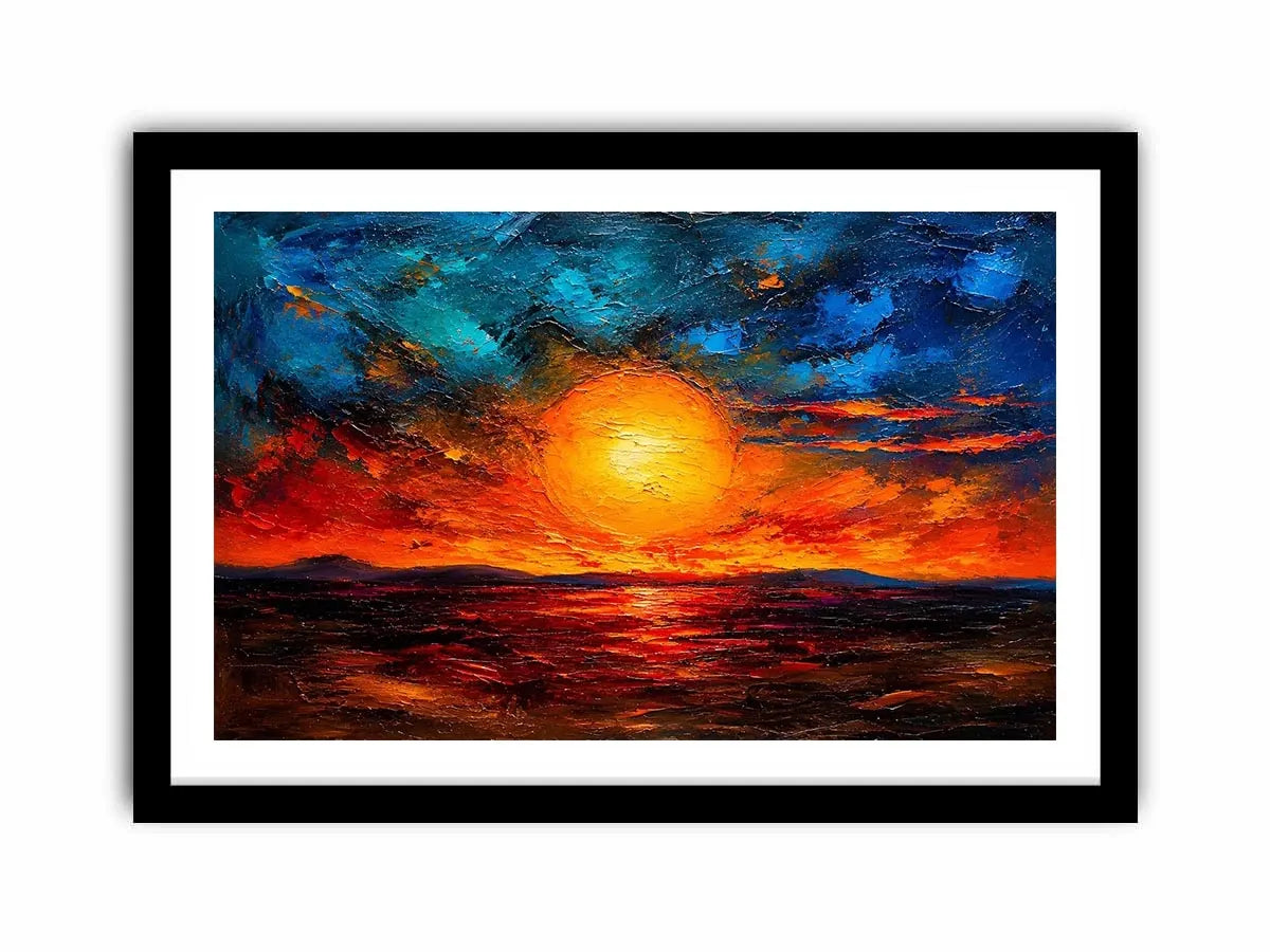 Abstract sunset landscape wall art with glowing sun and dramatic sky, textured modern canvas for living room and bedroom decor